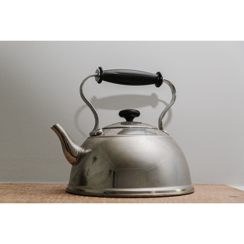 Vintage Stovetop Tea Kettle Metal Black Handle Well Used